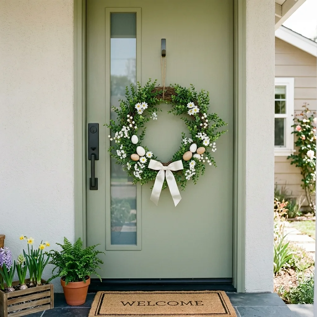 Minimal green Easter wreath with small white flowers